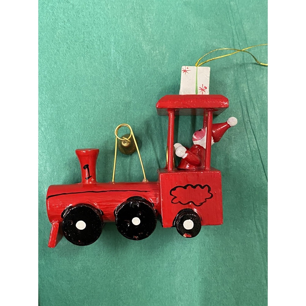 HANDCRAFTED  WOODEN TRAIN ENGINE W/SANTA  2.75" X 3" X1.25"ORNAMENT  PREOWNED
